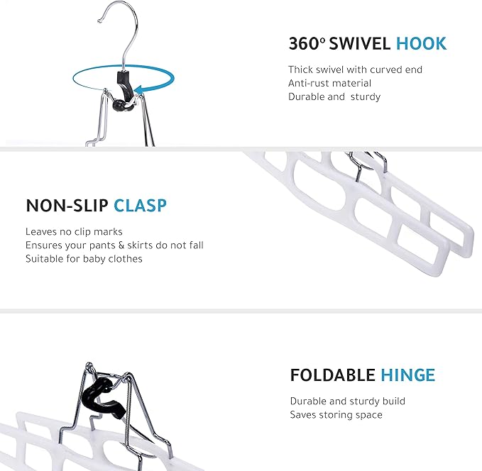 Quality Hangers 10 Pack Premium Skirt Hangers - Thin Space Saving Pant Hangers Set with Clamp, Shorts Hangers with Heavy Duty Locking Clasp, Multipurpose Jean Hangers Set - White