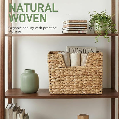 Wicker Magazine Basket with Handle, Water Hyacinth Magazine Holder with 2 Compartments, Handwoven Storage Basket for Books Files Newspapers
