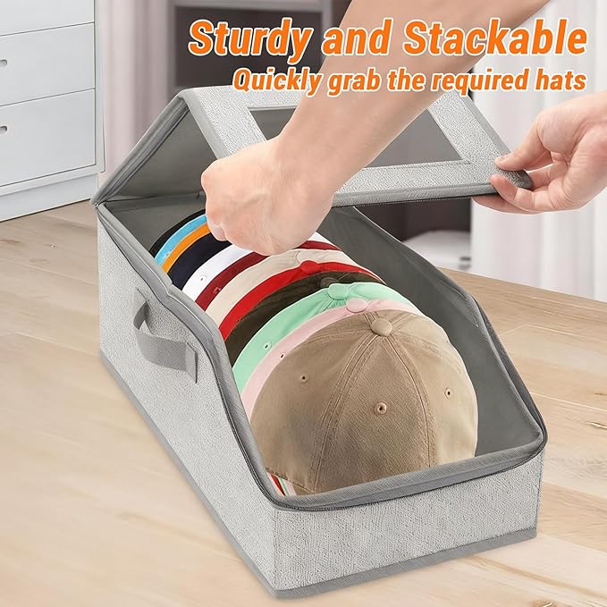Qivine 2Pcs Stackable Hat Boxes, Space-Saving Baseball Hat Storage, Hats Storage for Baseball Caps with Clear Window, Hold Up to 24 Caps for Closet