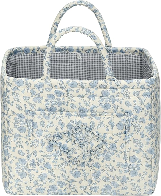 Storage Basket Boho Fabric Large Collapsible Floral Laundry Nursery Hamper Portable Folding Storage for Clothes Toys (Blue Floral B)