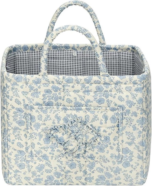 Storage Basket Boho Fabric Large Collapsible Floral Laundry Nursery Hamper Portable Folding Storage for Clothes Toys (Blue Floral B)