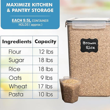 Shazo 2 PC (9.5L | 321 Oz) Extra Large Bulk Food Storage Containers with Airtight Lids for Flour, Sugar, Rice, Cereal & Pasta - Leakproof, BPA-Free Plastic Canisters for Kitchen & Pantry Organization