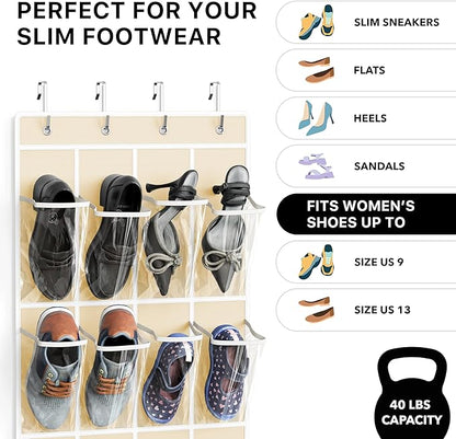 Simple Houseware 24 Pockets - Crystal Clear Over The Door Hanging Shoe Organizer, Beige (64'' x 19'')