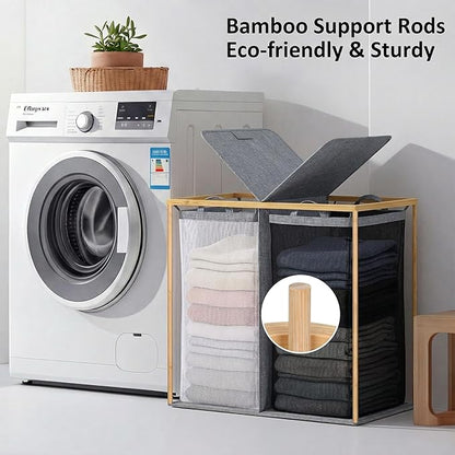 efluky Laundry Hamper with Lid, Double Laundry Basket with 2 Removable Bags, 2 Section Laundry Bin with Bamboo Handles for Bathroom, Bedroom & Laundry Room, 140L (36.9 Gallon) Blue Grey