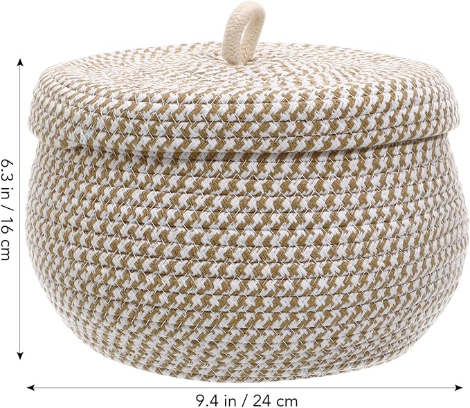 Angoily Storage Basket, 6.6 Quarts Woven Cotton Rope Basket with Lid, 1.6 Gal Small Round Decorative Storage Organizier Bin Box for Nursery, Living Room, Blanket, Home Decor, Bedroom