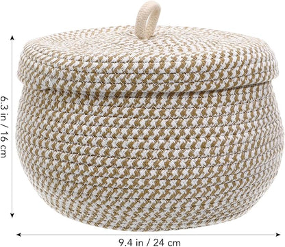 Angoily Storage Basket, 6.6 Quarts Woven Cotton Rope Basket with Lid, 1.6 Gal Small Round Decorative Storage Organizier Bin Box for Nursery, Living Room, Blanket, Home Decor, Bedroom