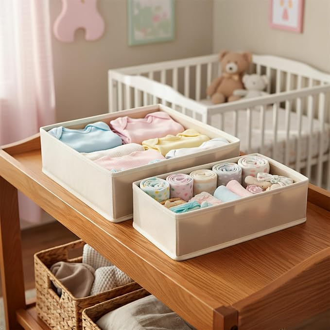 Underwear Drawer Organizer 2 Pack - Foldable Fabric Storage Bins for Dresser & Closet, Khaki Sock and Bra Dividers, 2 Sizes for Bedroom Organization