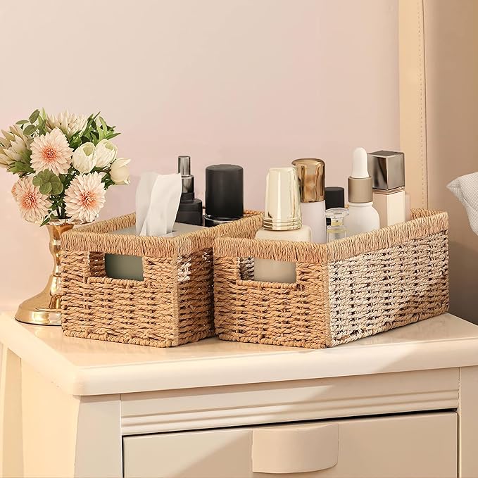 Vagusicc Wicker Storage Basket, Set of 2 Hand-Woven Paper Rope Wicker Baskets for Organizing Decor Storage Bins for Counter Shelves Pantry Basket Small Toilet Paper Basket for Toilet Tank Top, Natural