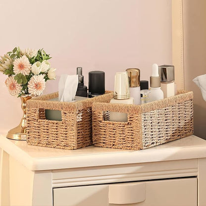 Vagusicc Wicker Storage Basket, Set of 2 Hand-Woven Paper Rope Wicker Baskets for Organizing Decor Storage Bins for Counter Shelves Pantry Basket Small Toilet Paper Basket for Toilet Tank Top, Natural