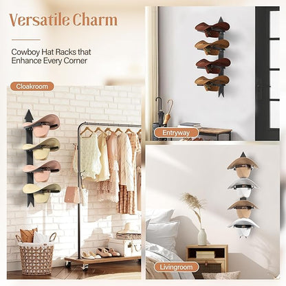 Cowboy Hat Rack for Wall, Cowboy Hat Holder Wall Mount Holds up to 4 Hats, Wooden Western Rustic Metal Hat Hanger with Arrow Sign Board, Hat Organizer for Cowboyhat, Fedora,Sun Hats 2 Pack