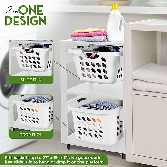 Laundry Basket Holder Shelf – Stackable Engineered Wood Laundry Tower with Wheels, Tiered Laundry Hamper Organizer for Bathroom, Bedroom, Closet (White, 2 Tier)