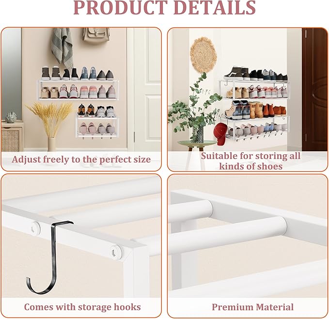 3 Pack Expandable Wall Mounted Shoe Rack, 17"-30"Adjustable Hanging Shoe Rack Holds 18 Pairs, Heavy Duty Metal Shoe Racks Holder with 6 Storage Hooks, Space Saving for Entryway Closet Doorway（White)