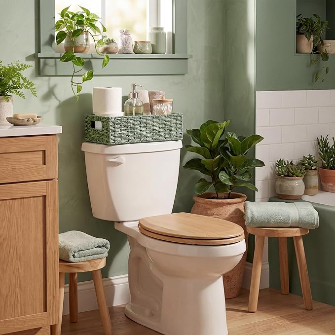 StorageWorks Small Wicker Toilet Basket Tank Topper with Built-in Handles, Toilet Paper Baskets for Back of Tank, Paper Rope Bathroom Basket Organizer and Storage for Sage Green Bathroom Decor, Green