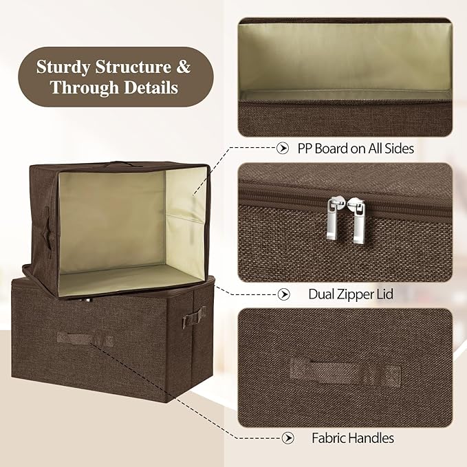 ANMINY 2PCS Storage Bins with Zipper Lids 13 Qt Lidded Fabric Storage Boxes Baskets Cubes with Handles Collapsible Washable Cotton Linen Closet Shelf Clothes Organizer Containers - Coffee, Small