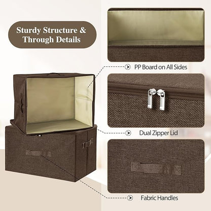 ANMINY 2PCS Storage Bins with Zipper Lids 13 Qt Lidded Fabric Storage Boxes Baskets Cubes with Handles Collapsible Washable Cotton Linen Closet Shelf Clothes Organizer Containers - Coffee, Small