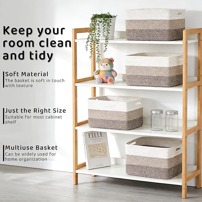 4 Pack Storage Baskets for Organizing, 12''Lx9''Wx8''H Woven Baskets for Storage Toys, Towels, Books, and Clothes, Cotton Rope Basket for Shelves with Handle