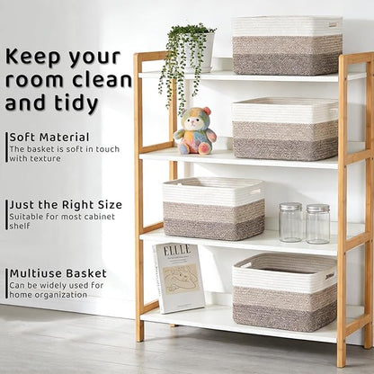 4 Pack Storage Baskets for Organizing, 12''Lx9''Wx8''H Woven Baskets for Storage Toys, Towels, Books, and Clothes, Cotton Rope Basket for Shelves with Handle