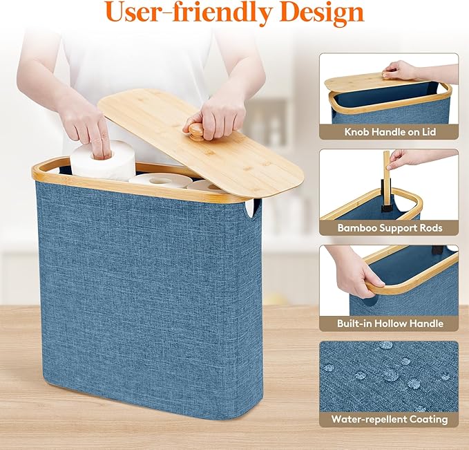 Lifewit Toilet Paper Storage Holder for 12 to 16 Rolls, Free Standing Toilet Paper Basket Stand with Bamboo Lid, Collapsible Fabric Bathroom Organizer Box for Mega Rolls, 30L, Extra Large, Dark Blue