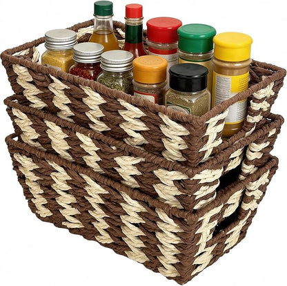 Paper Rope Storage Baskets for Shelves Organizing, Small Hand Woven Wicker Organizer Basket with Handle for Bathroom Toilet Paper Storage, Beige and Brown, 3-Pack