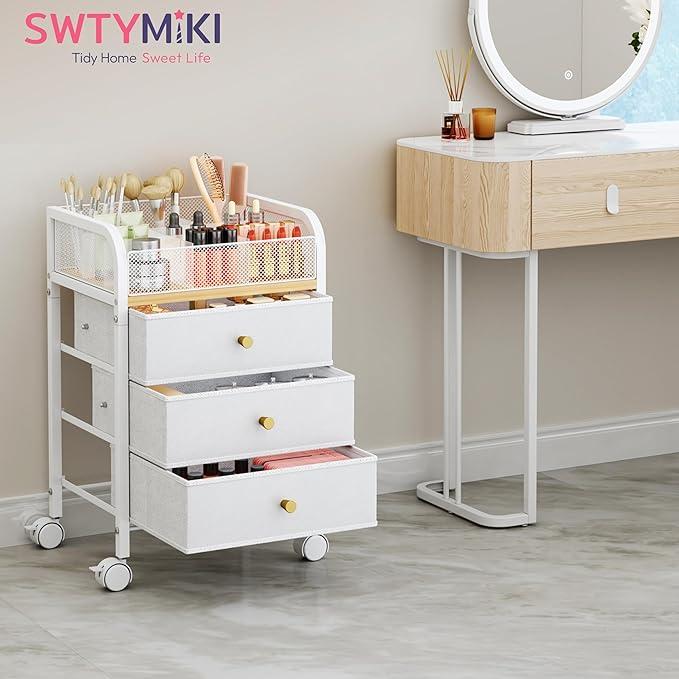 SWTYMIKI Rolling Makeup Organizer Cart - 14.96″*11.81″*23.03″ Widened Under Desk Vanity Storage with 3 Non-woven Drawers, Cosmetic Display Cases for Skin Care Perfume Nail Polish Brush Hair Tool White