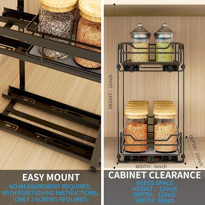 BOIVSHI Spice Rack Organizer for Cabinet, 2 Tier Pull Out Spice Organizer for Cabinet Height Adjustable Heavy Duty Metal Basket for Inside Cabinets & Pantry Closet (5.5''Wx10.5''Dx9.5''H)