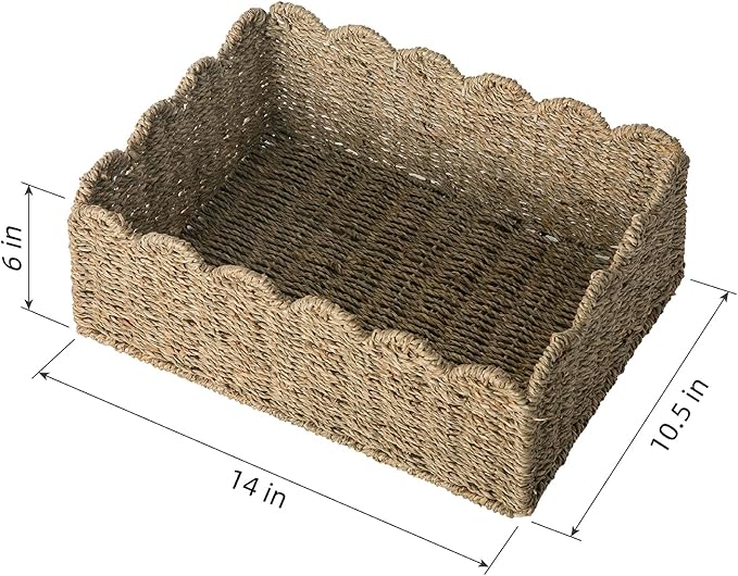 Scalloped Basket, Wicker Storage Baskets, Hand Woven Baskets for Shelves,Natural Baskets for Organizing (Seagrass&M-14" L x 10.5" W x 6" H)