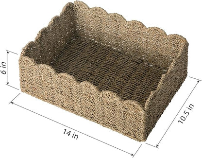 Scalloped Basket, Wicker Storage Baskets, Hand Woven Baskets for Shelves,Natural Baskets for Organizing (Seagrass&M-14" L x 10.5" W x 6" H)
