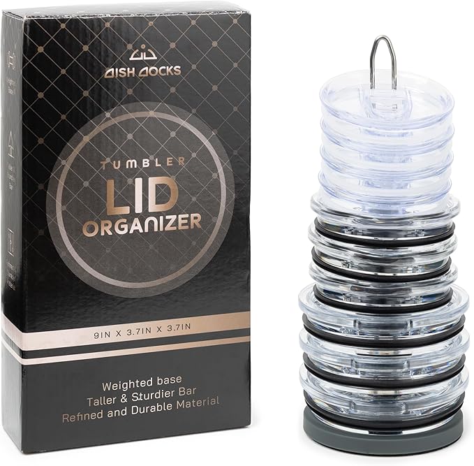 Tumbler Lid Organizer for Cabinet & Countertop - Slim Space-Saving Lid Holder with 9" Sturdy Bar & Weighted, Non-Slip Base - Vertical Storage Cup Lid Organizer - Collapsible Lid Rack for 10 Lids