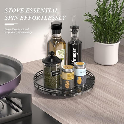 Marble Lazy Susan Turntable for Table Top – 10” Round Ancient Wood Grain Marble Tray Organizer for Dining Table, Kitchen Countertop & Bar, Luxury Stone Serving Tray with Black Iron Frame