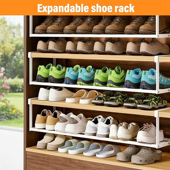 Qianyu 2 PCS Expandable Shoe Rack Organizer Adjustable Under Cabinet Shoe Rack Retractable Hanging Shelf for Space Saving Clothing Storage Dorm Room (White)