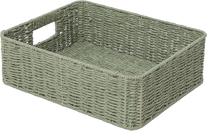 Drawer basket Handwoven Paper Rope Rectangular Shallow Basket Storage-15.35X12.01X4.72 Inches (Green)