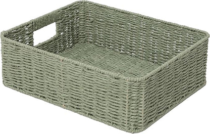 Drawer basket Handwoven Paper Rope Rectangular Shallow Basket Storage-15.35X12.01X4.72 Inches (Green)