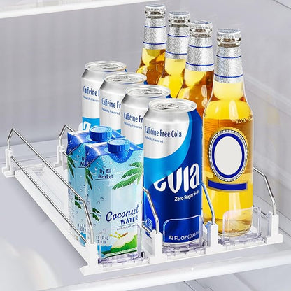 Drink Organizer for Mini Fridge, Automatic Pusher Drink Dispenser for Refrigerator, Soda Can Organizer for Beer Beverage Bottle Holds up to 12 Cans 3 Row (Depth 12.2" x Wide 9.9") White