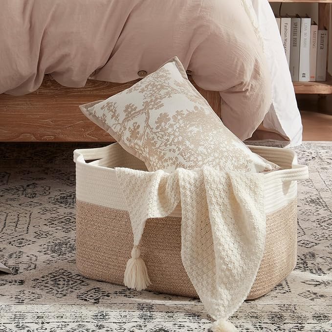OIAHOMY Large Blanket Basket, 65L Cotton Rope Woven Laundry Basket, Toy Bin for Baby Room, Container for Blanket Storage in Living Room, 20''×16''×12'', Brown & White