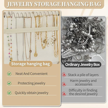 GMAK Hanging Jewelry Organizer with Hanger Metal Hooks, Double-Sided Jewelry Holder Accessories Organizer Storage Roll for Jewelry, Earrings, Bracelets, Necklaces, Rings - Beige