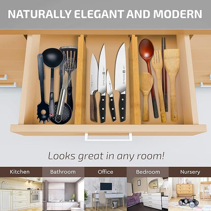 4-Pack Bamboo Drawer Dividers - 2.6 Inches High, Adjustable 12 to 17 Inches Expandable Drawer Organizer Dresser Separator for Clothes, Utensils, Bedroom, Bathroom, Kitchen, Office Storage Organization