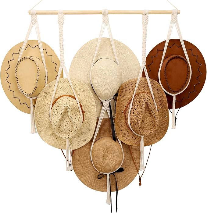 ZYP Macrame Hat Hanger Boho Hat Rack for Wall Hat Holder Display Organizer Bobo Hanging Hat Organizer Storage for Wide Brim Hats