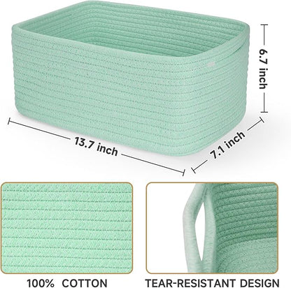 3-Pack Storage Baskets for Organizing | Woven Shelf Toy Basket | Rope Baskets for Gifts Empty | Closet Organizer Bins with Handles | Cube Decorative Box | 13.7×7.1×6.7” | Light Green