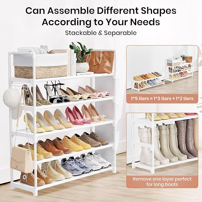 VILICK Shoe Rack for Closet Shoe Organizer Space Saver Storage for 20-25 Pair Shoe Shelf with Hook and Side Pocket Free Standing 5 Tier Shoe Rack Organizer for Entryway,Small Spaces, White