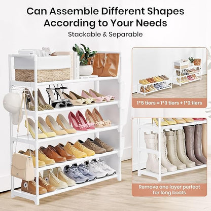 VILICK Shoe Rack for Closet Shoe Organizer Space Saver Storage for 20-25 Pair Shoe Shelf with Hook and Side Pocket Free Standing 5 Tier Shoe Rack Organizer for Entryway,Small Spaces, White