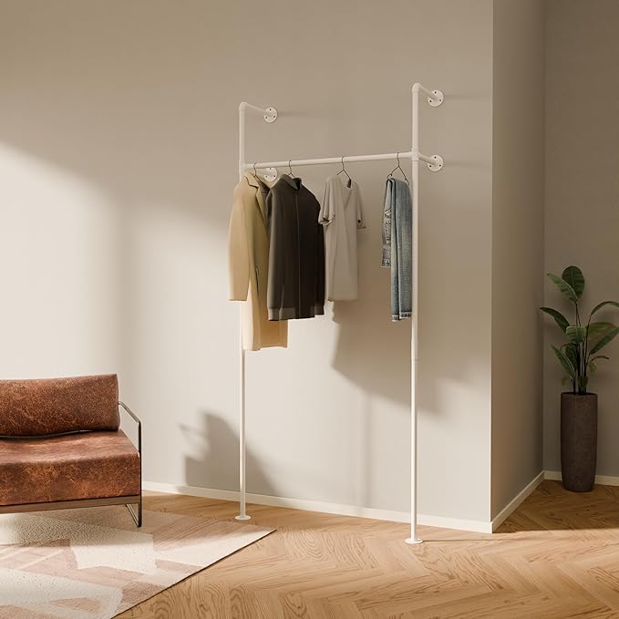 pamo White Clothing Rack Wall Mounted – Pipe Closet System in White Powder-Coated Steel – 41" W × 87" H, 309 lbs – Walk-In Closet & Bedroom