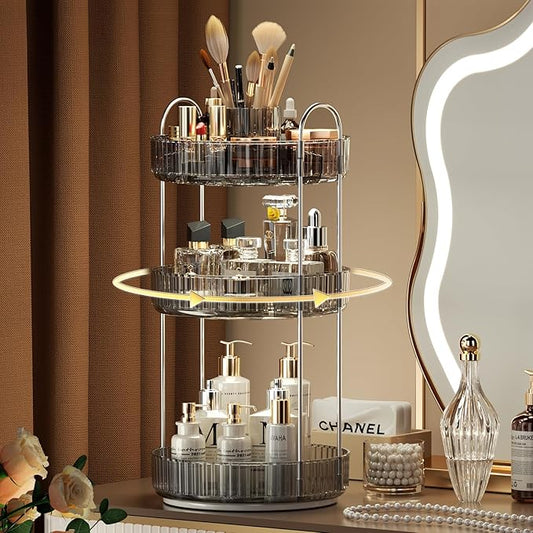 YCIA&DONE Rotating Makeup Organizer for Vanity, Large Capacity Make Up Storage Skin Care Shelf Perfume Holders Cosmetic Dresser Organizer Countertop Spinning 360 (Smoky Gray, 3Tiers)