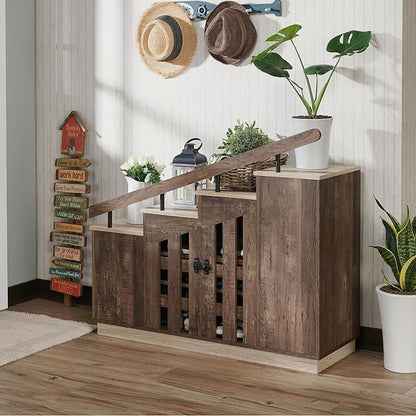 24/7 Shop at Home Cadence Farmhouse Hidden Shoe Cabinet Entryway, Hallway, Decorative Storage with Doors, Staircase-Style Enclosed Footwear Furniture, 12 Pair, 46 in. Width, Oak Brown