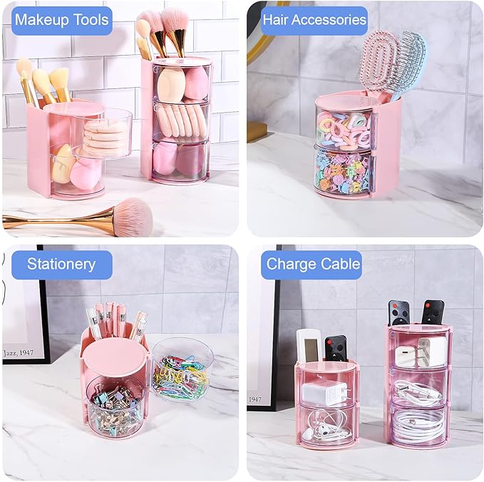 DASITON 2-Layer Makeup Brush Holder with Hair Accessories Organizer, Rotatable Desktop Organizer Case for Hair Clip, Makeup Sponge, Jewelry and Hair Accessories, Hair Brush Holder for Vanity (Pink)