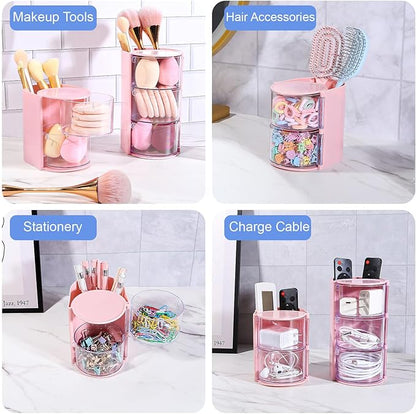 DASITON 2-Layer Makeup Brush Holder with Hair Accessories Organizer, Rotatable Desktop Organizer Case for Hair Clip, Makeup Sponge, Jewelry and Hair Accessories, Hair Brush Holder for Vanity (Pink)