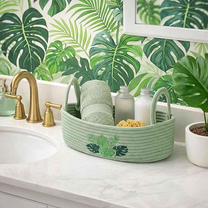 Vesici Palm Leaves Toilet Paper Basket Boho Woven Cotton Rope Bathroom Countertop Organizer with Handle Green Summer Tropical Monstera Bathroom Storage Decor for Bedroom Nursery, 13 x 6 x 4 Inch