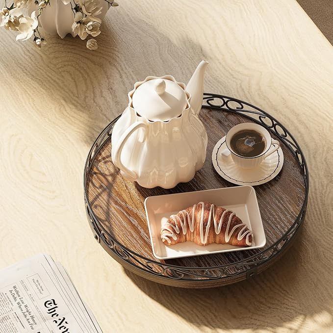 9" Lazy Susan Turntable Organizer for Table Top, Round Wooden Lazy Susan for Cabinet, Farmhouse Decorative Tray for Coffee Table, Kitchen Organizer Countertop, Center Piece Decor, Rustic Brown