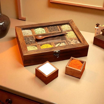 Wooden Spice Box set for Kitchen Large Containers Spice Jars & Spoon in Sheesham Wood Masala Dabba for Kitchen Masala Dani Namak Dani Dabba Multipurpose Decorative Boxes