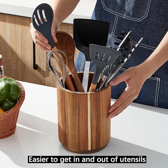 Acacia Wood Utensil Holder, 360° Rotating, Large Countertop Organizer, Farmhouse Kitchen Decor
