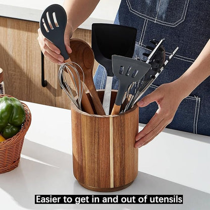 Acacia Wood Utensil Holder, 360° Rotating, Large Countertop Organizer, Farmhouse Kitchen Decor